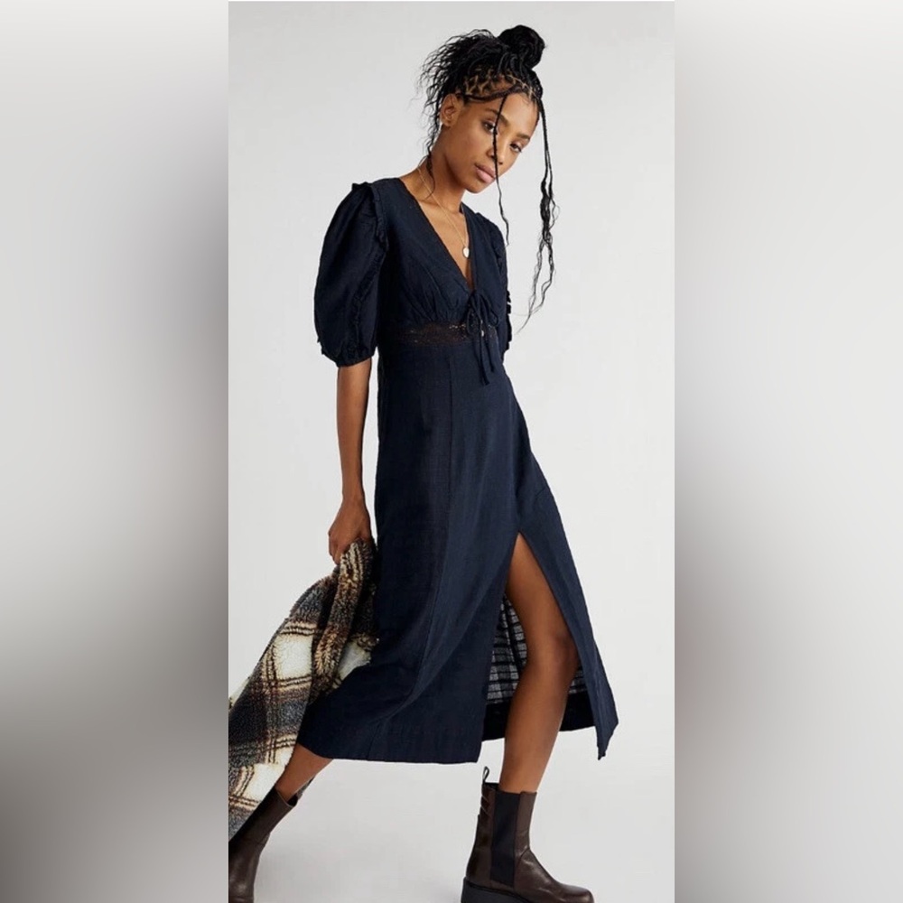 NWOT Free People Slow Pace Romantic Ruffles Femme Puff Sleeve Midi Dress